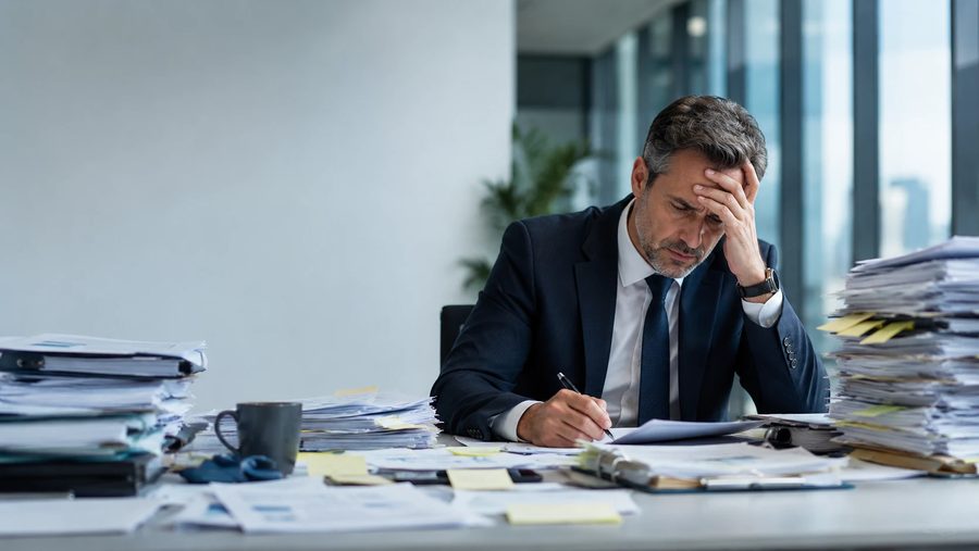 A business owner at his desk, overwhelmed by stacks of paperwork