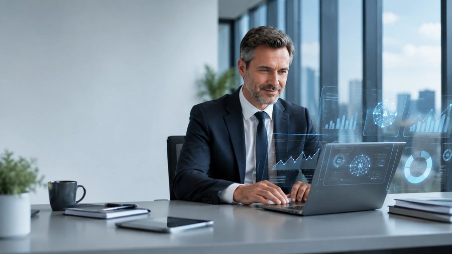 The same business owner at a clear desk, working from a live AI dashboard