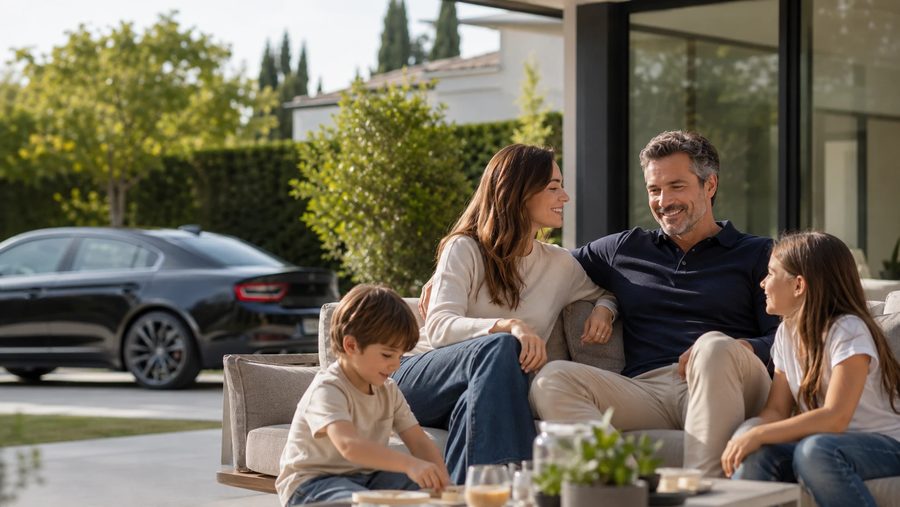 The business owner relaxing at home with his family, the car on the drive